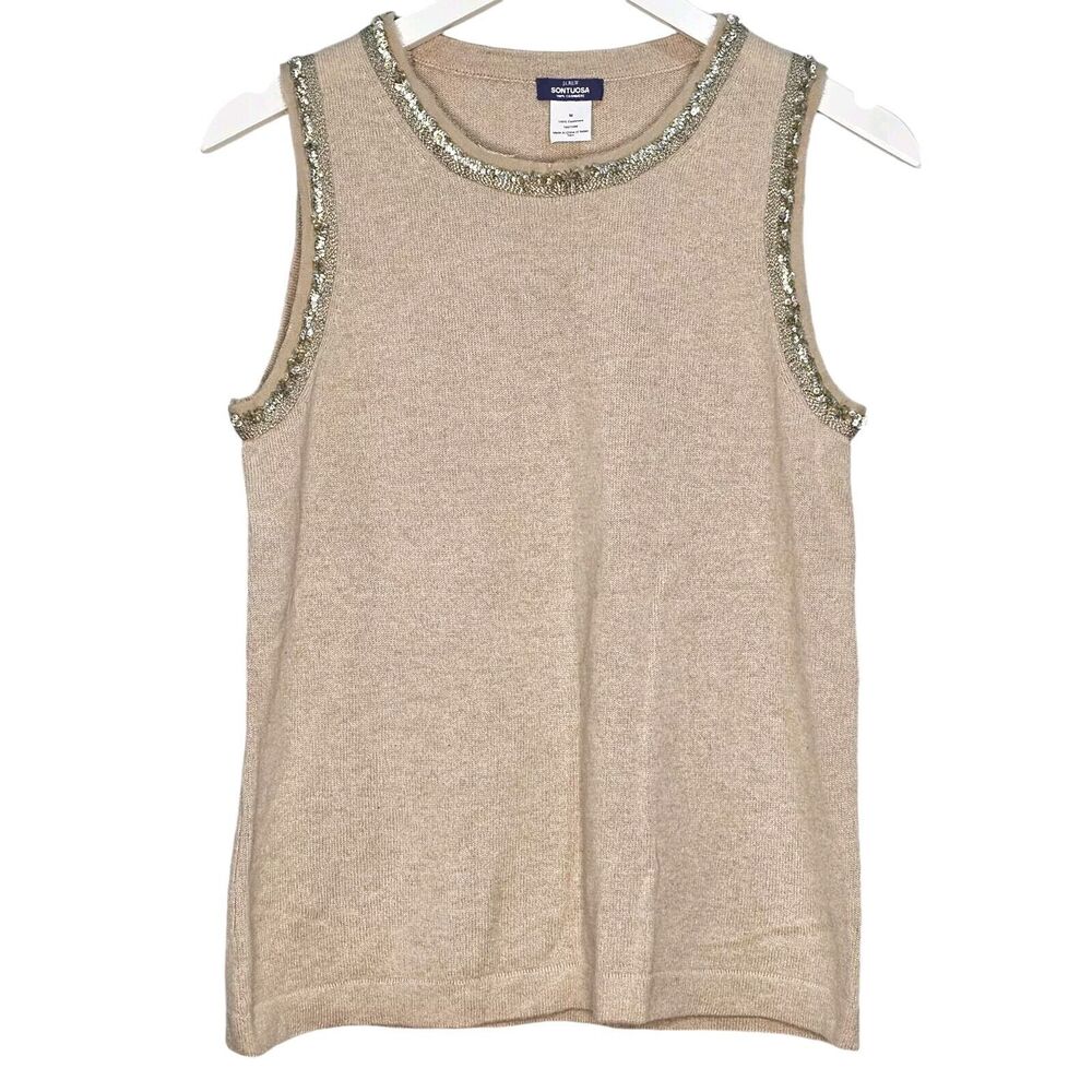 J.Crew Sontuosa Cashmere Beige Embellished Sweater Vest Size Medium Old Money